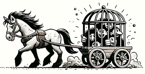 A horse, towing a prison cart full of annoyed looking trolls, to the left hand side of the screen. Drawn in black and white rough pencil sketch style.